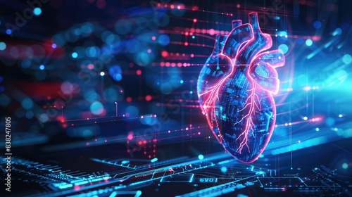 Digital heart wave with futuristic design, glowing tech symbols, highlighting the innovation in healthcare technology