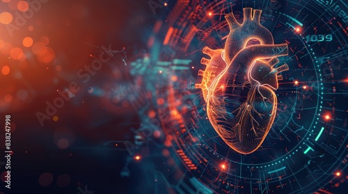 Digital heart wave with glowing technology symbols, representing the fusion of health and innovation, on a dark background
