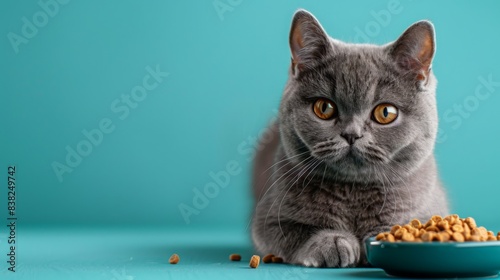 A gray cat with yellow eyes sits in front of a bowl of kibble, looking directly at the camera. The cats paws are resting on the table, and its tail is tucked behind its body.