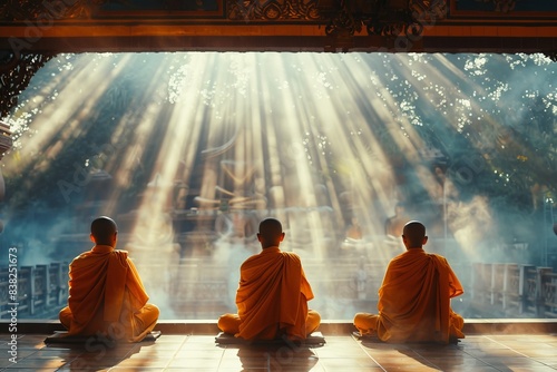 Buddhist Meditation, Monks in saffron robes meditating at a temple, Spiritual Serenity