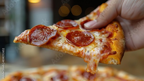 closeup of hand holding tempting slice of pepperoni pizza in cafe food photography