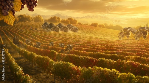 A sprawling vineyard bathed in the warm glow of autumn sunlight, where AI-managed robotic harvesters diligently pluck ripe grapes from the vines.