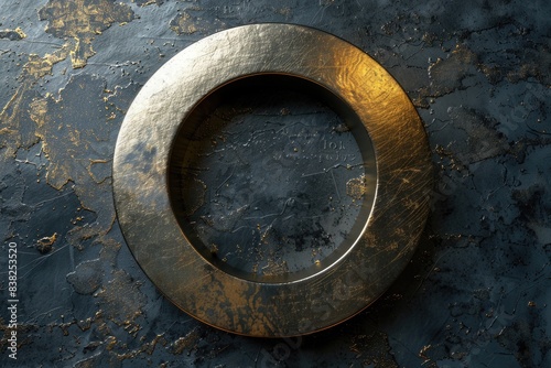 A single gold metal ring sits on a black surface