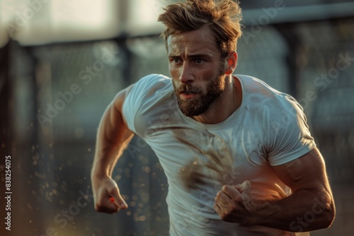 A person in a white shirt is running, possibly in a hurry or trying to escape something