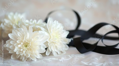 delicate white chrysanthemum blossoms and black ribbon on condolence card still life photography