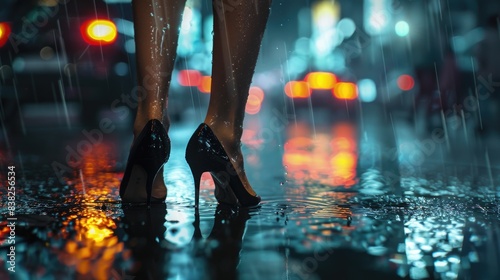 A person stands in the rain wearing high heel shoes, great for use in fashion or lifestyle photography