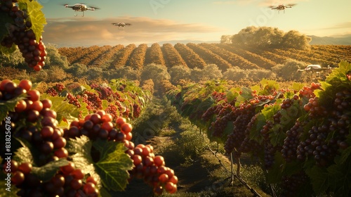 A sprawling vineyard in the countryside, where AI drones meticulously tend to the ripe grapes basking in the warm summer sun.