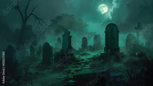 eerie moonlit graveyard with ancient tombstones and creeping fog spooky halloween digital painting
