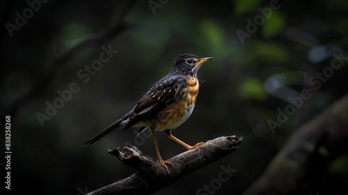 elegant shama thrush bird perched on branch dark background wildlife photography