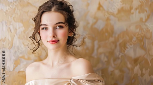 elegant teenage girl in beige satin prom dress smiling and posing