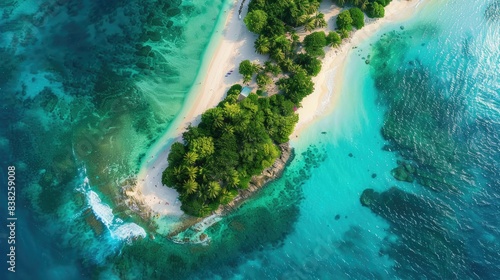 Scenic aerial photo of a tropical island amidst azure waters, featuring vibrant greenery and white sandy beaches