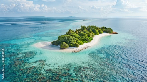 Scenic aerial photo of an idyllic island amidst the sea, featuring white sandy shores and crystal-clear water