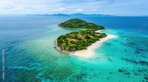 Scenic aerial photo of an idyllic island amidst the sea, featuring white sandy shores and crystal-clear water