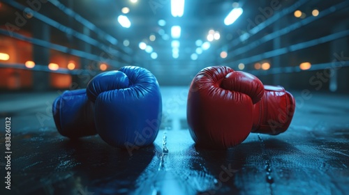 A pair of red and blue boxing gloves sit side by side