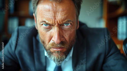 Angry man wearing an elegant suit in office. 