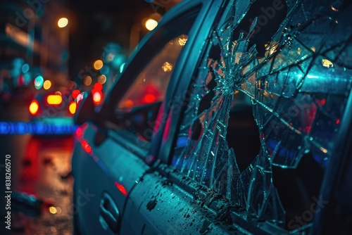 A vehicle with a shattered window parked beside the road, ideal for illustrating accident scenes or abandoned vehicles