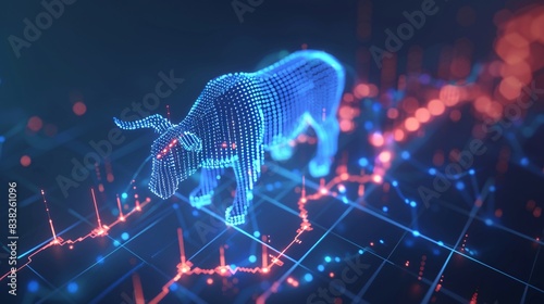 A 3D rendering of a stock market bull symbol next to an upward trending graph