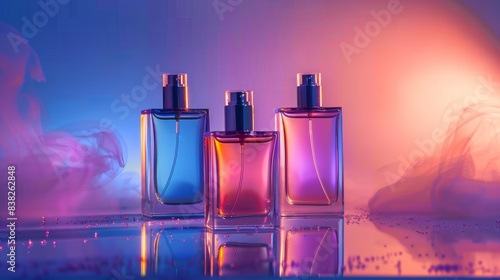 Two bottles of cologne are displayed on a table, one of which is blue