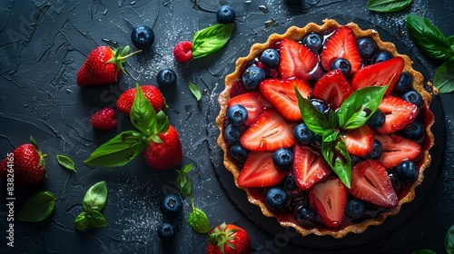 A delectable freshly baked tart adorned with vibrant strawberries, blueberries