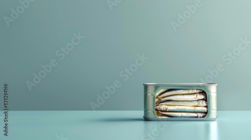 A minimalist still life of sardines in an opened tin can, placed on a clean, modern surface. The composition highlights the simplicity and elegance of everyday objects.