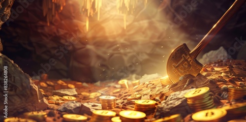 A golden bitcoin miner mining in a golden cave with a pickaxe and some gold coins - 3D illustration.