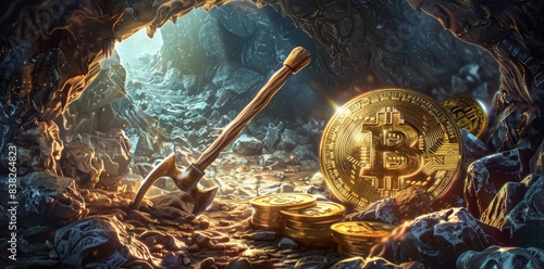 In a deep golden cave, a pickaxe is used to mine bitcoins. - Three dimensional illustration.