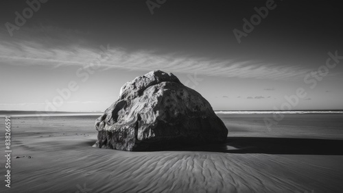 A lonely weathered rock, a deserted beach, strong shadows.