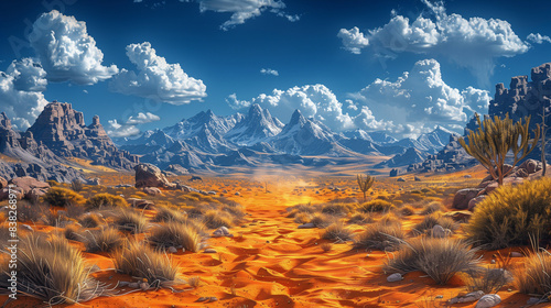 A stunning desert landscape with vibrant orange sand, scattered vegetation, and dramatic rock formations. Snow-capped mountains are visible in the distance under a partly cloudy sky.