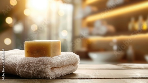Soap, towel in bathroom, on blurred spa background. With copy space