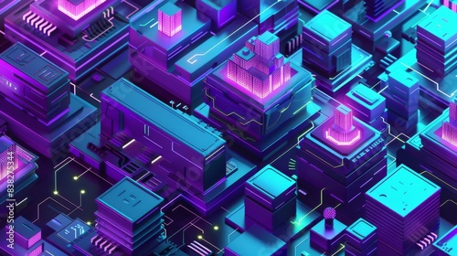 Blockchain digital data transmission with an isometric background. NFT non-fungible token concept. 3D illustration.