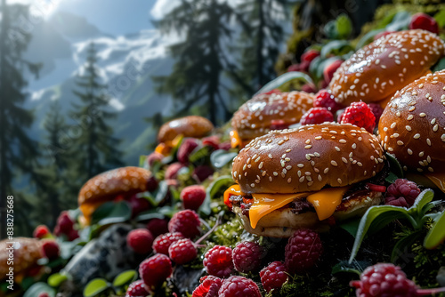 A culinary incredible: delicious agrestic cheeseburgers ripen in the forest on the slopes of a mountain valley. Surreal-fantastic image.