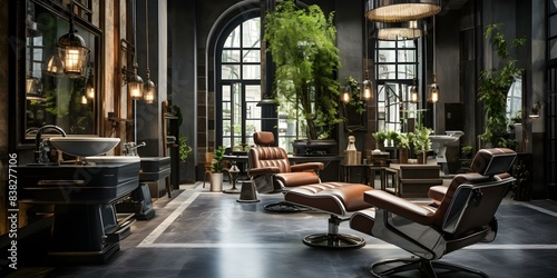 Modern vintage barber salon with luxury aesthetic and contemporary design elements. Concept Barber Salon Design, Modern Vintage, Luxury Aesthetic, Contemporary Elements
