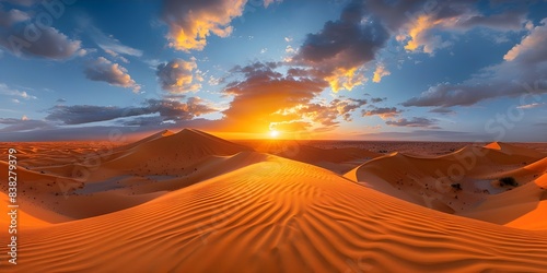 Stunning Sahara Desert panorama at sunset with golden sand dunes. Concept Desert Landscape, Sunset Photography, Golden Sand Dunes, Sahara Panorama, Nature Photography