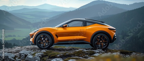 A modern electric SUV stands on a hilltop against a mountainous backdrop, ready to conquer new obstacles and go on an adventure. Generative ai   