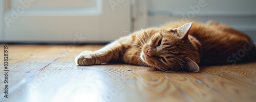 A peaceful ginger cat sleeps with a relaxed posture on a wooden floor with sunlight casting in the room.