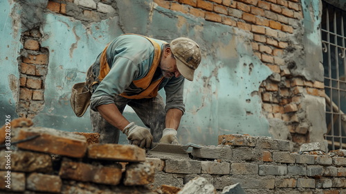 construction worker laying bricks to build a new wall
