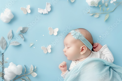 Happy childhood concept. Creative arty profile portrait of beautiful baby sleeping on light blue background decorated with paper plants, batterflies and cotton clouds symbolizing nature. Studio shot