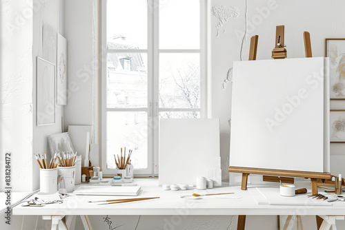 Art studio interior featuring an eclectic collection of blank canvases against an industrial backdrop with natural light.