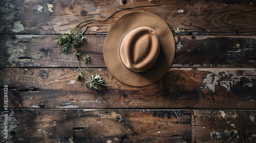 Design an overhead shot of a stylish fedora placed on a weathered