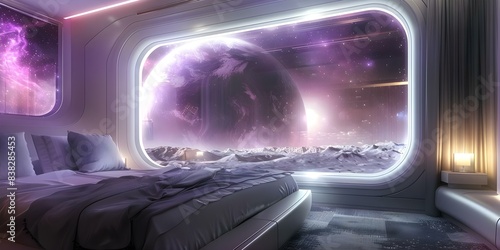 Guests enjoying cosmic views from their space hotel balconies. Concept Space Tourism, Extraterrestrial Accommodations