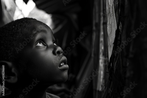 Black and White Portrait of a Young Boy Looking Up