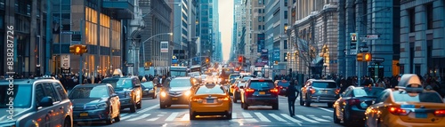 Produce a panoramic view of a bustling city street showcasing intuitive traffic flow
