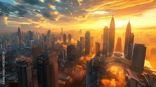 Capture a breathtaking wide-angle view of a modern city skyline at sunset