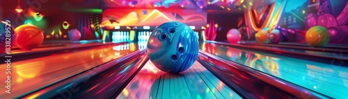 Capture a vibrant scene of a bowling alley from a unique worms-eye perspective, highlighting the colorful elements