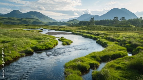 Serene highland landscape with meandering river