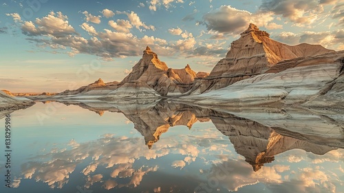 Perfect reflection of the detailed ridges of badlands in still water creating a symmetrical visual illusion of this rugged landscape under a cloud-speckled sky