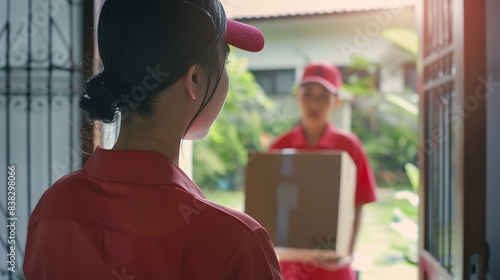 Delivery person giving package to recipient at the door in a residential setting, symbolizing home delivery service.