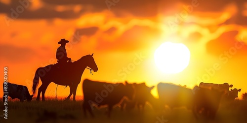 Man on horse herding cattle in Australian outback at sunset. Concept Australian Outback, Cattle Herding, Sunset, Man on Horse, Rural Lifestyle