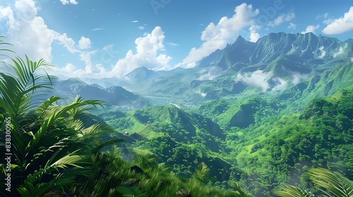 a breathtaking view of a lush green mountain slope. The scene is set against a backdrop of a clear blue sky