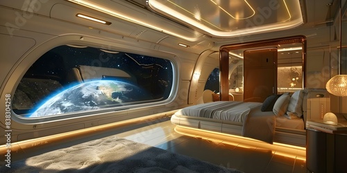 Luxury spacecraft hotel with Earth view from observation deck window. Concept Space Tourism, Extraterrestrial Accommodation, Innovative Hospitality, Celestial Travel, Futuristic Design